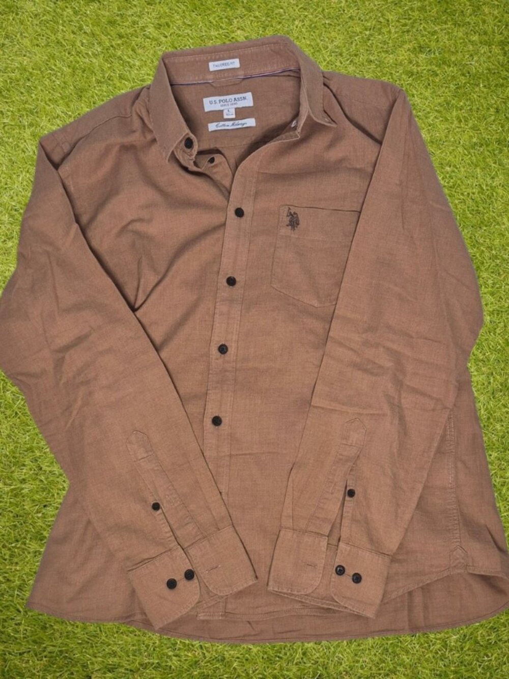 U.S. Polo Assn Tailored Fit Cotton Melange Brown Button Up Shirt Size Large